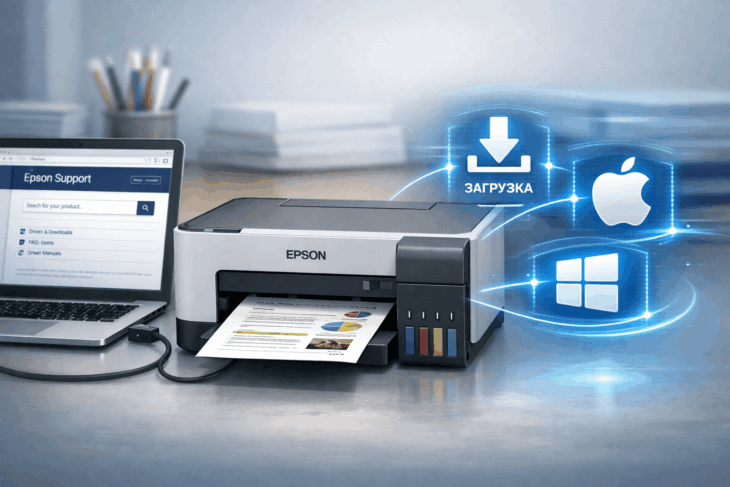 Принтер Epson L3210, подключенный к ноутбуку, с иконками совместимости Windows и macOS.