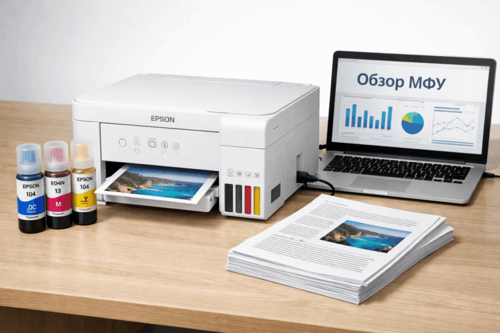 Многофункциональный принтер Epson EcoTank L3210 с бутылочками чернил на столе рядом с ноутбуком.