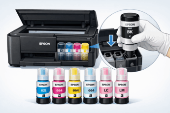 Аккуратная заправка чернильных резервуаров принтера Epson L3210 бутылочками с чернилами.