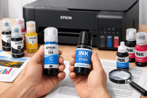 Оригинальные и совместимые чернила для принтера Epson L3210 на столе с образцами печати.